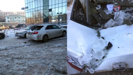 Сразу три «тойоты» повредили сосульки, упавшие с крыши ЖК в Алматы